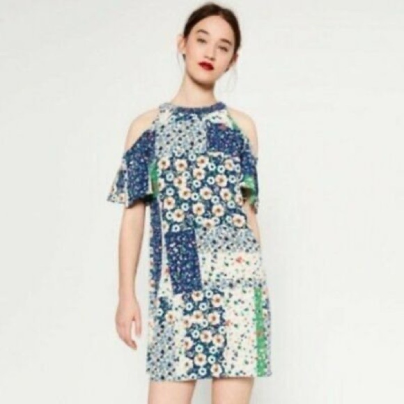 Zara Basic Cold Shoulder Patchwork Floral Dress Size XS - Picture 1 of 10
